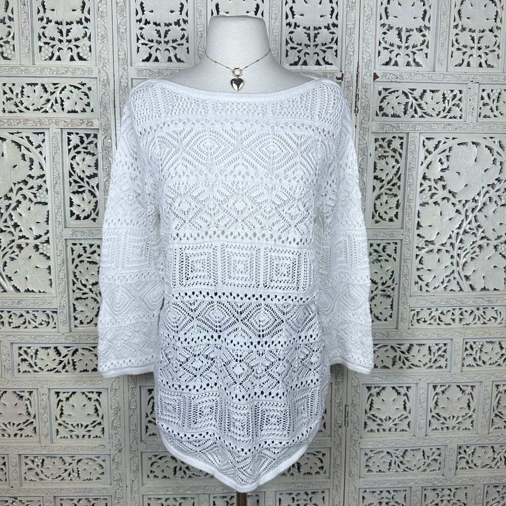 Jeanne Pierre NWT White Coquette Open Knit Boat Neck Feminine Sweater‎ Sz Medium